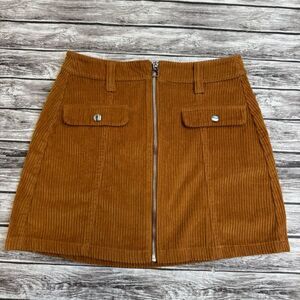 Bershka Women’s Corduroy Mini Skirt Cognac Brown A-Line Zip Front S